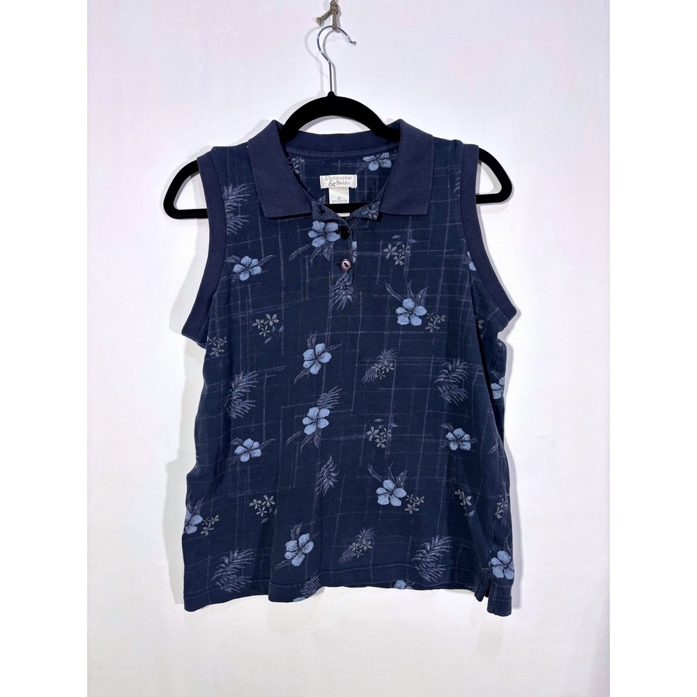 Floral Tropical Christopher & Banks Sleeveless Polo Shirt Womens Small Blue